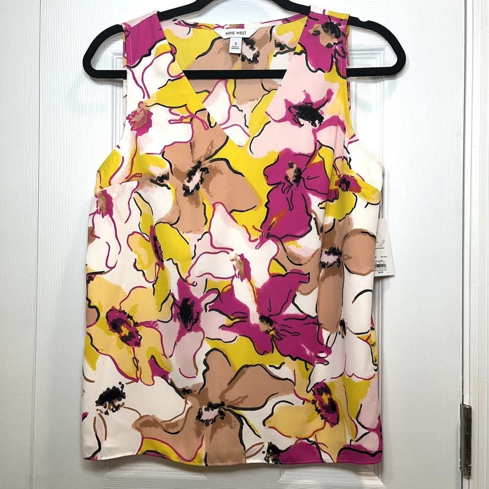 NWT Nine West Women's Size Small V-Neck Shell Floral Sleeveless Top Pink Yellow